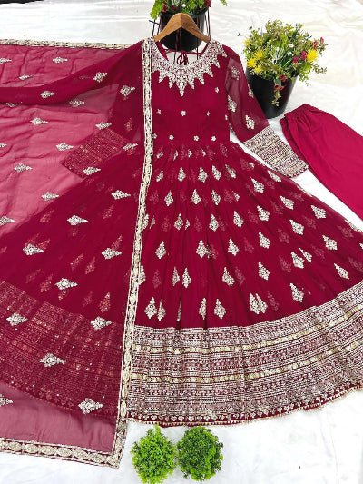 Maroon Georgette Full Heavy Embroidery Sequence Work Anarkali Suit Set - BONYHUBSALWAR KAMEEZ