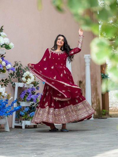 Maroon Georgette Full Heavy Embroidery Sequence Work Anarkali Suit Set - BONYHUBSALWAR KAMEEZ