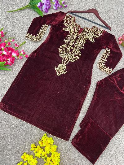Maroon Heavy Embroidered Velvet Full Sleeves Kurti Pant Set - BONYHUBSALWAR KAMEEZ