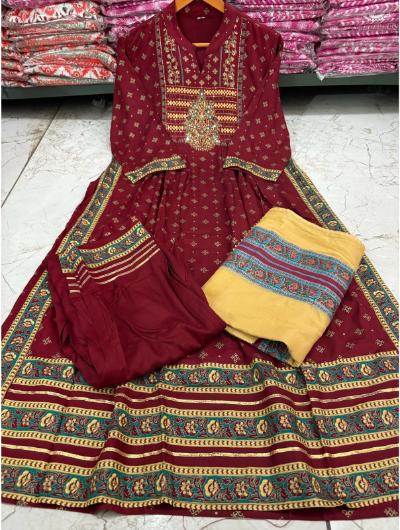 Maroon Rayon Embroidered Salwar Suit (Set of 3) - BONYHUBSALWAR KAMEEZ
