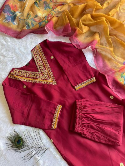 Maroon Salwar Suit With Yellow Floral Dupatta - BONYHUBSALWAR KAMEEZ