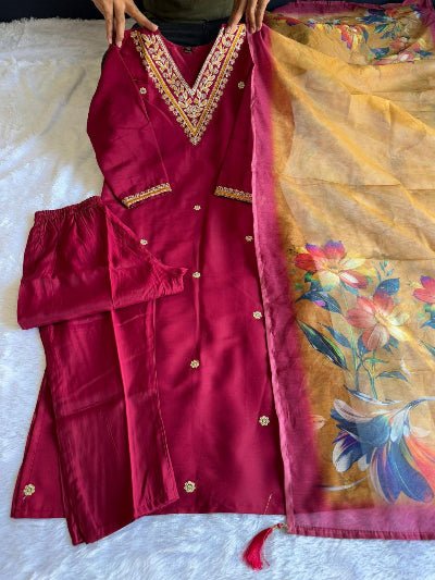 Maroon Salwar Suit With Yellow Floral Dupatta - BONYHUBSALWAR KAMEEZ