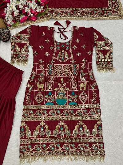Maroon Sequins Embroidered Work Punjabi Suit Set - BONYHUBSALWAR KAMEEZ