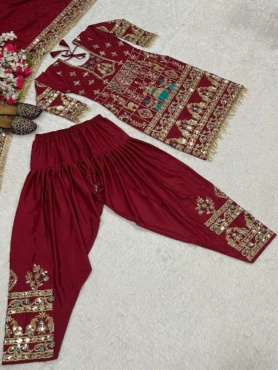 Maroon Sequins Embroidered Work Punjabi Suit Set - BONYHUBSALWAR KAMEEZ