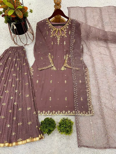 Mauve Georgette Beads Embroidered Sharara Palazzo Suit Set - BONYHUBSALWAR KAMEEZ