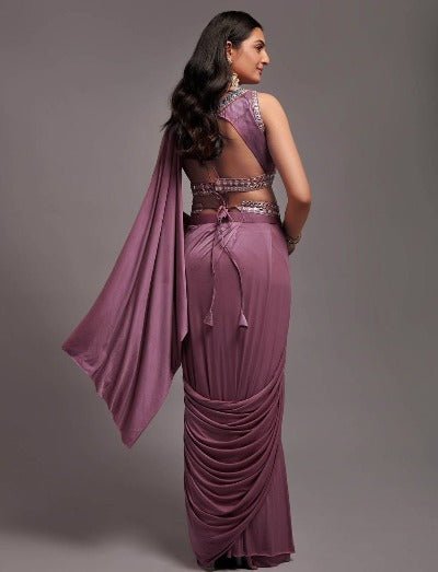 Mauve Satin Ready to Wear Pleated Stitched Saree & Blouse UK Next Day - BONYHUBSAREE