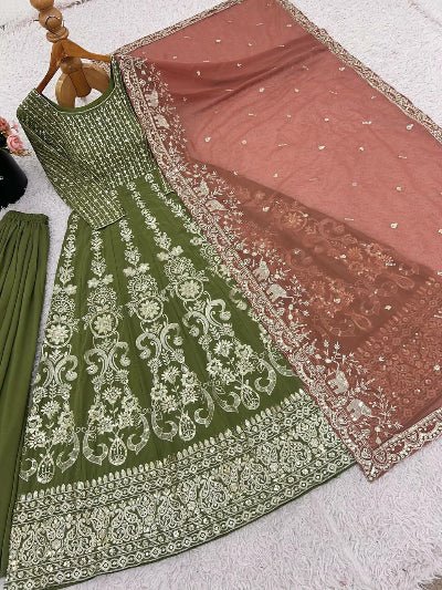 Mehendi Green Designer Anarkali Suit With Blush Dupatta - BONYHUBSALWAR KAMEEZ