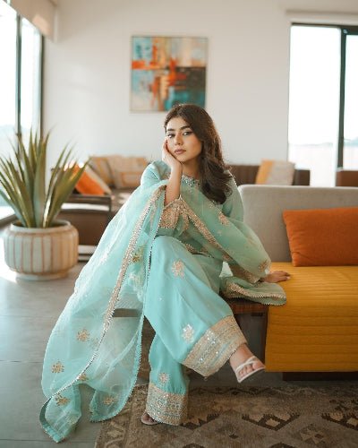 Minty Blue Sequins Work Farshi Salwar Suit - BONYHUBSALWAR KAMEEZ