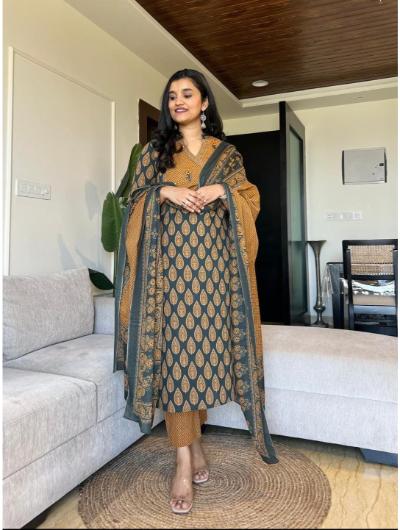 Mustard Cotton Printed Salwar Suit (Set of 3) - BONYHUBSALWAR KAMEEZ