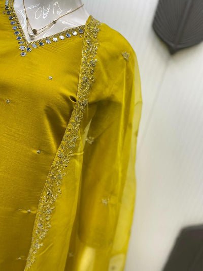 Mustard Yellow Roman Silk Mirror Work Straight Suit Set - BONYHUBSALWAR KAMEEZ
