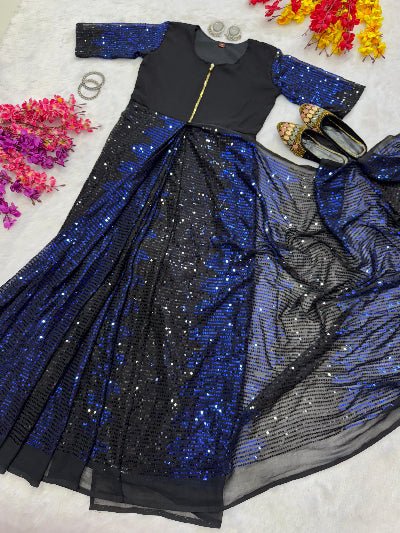 Navy Blue & Black Sequins Zip & Go 10 Second Saree Gown - BONYHUBSAREE