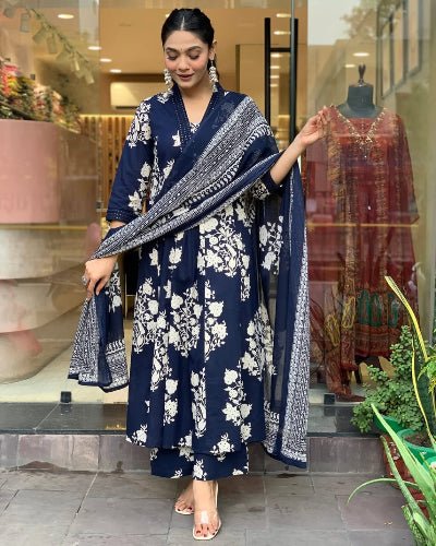 Navy Blue Cotton V Neck Anarkali Suit Set - BONYHUBSALWAR KAMEEZ