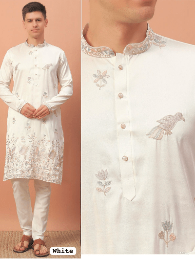 Navy Blue Designer Boutique Embroidery Men Kurta Pyjama - BONYHUBMEN KURTA