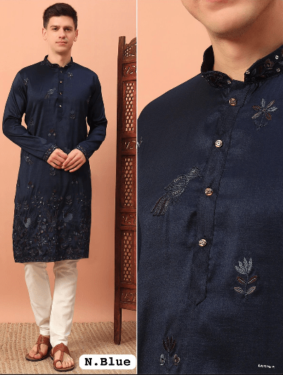 Navy Blue Designer Boutique Embroidery Men Kurta Pyjama - BONYHUBMEN KURTA