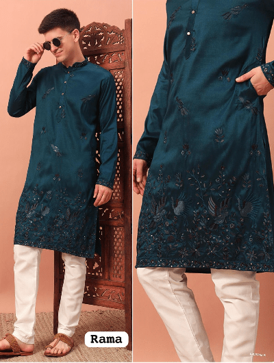 Navy Blue Designer Boutique Embroidery Men Kurta Pyjama - BONYHUBMEN KURTA
