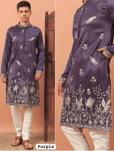Navy Blue Designer Boutique Embroidery Men Kurta Pyjama - BONYHUBMEN KURTA