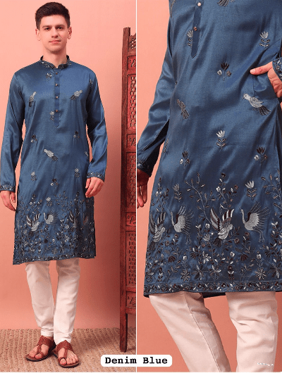 Navy Blue Designer Boutique Embroidery Men Kurta Pyjama - BONYHUBMEN KURTA