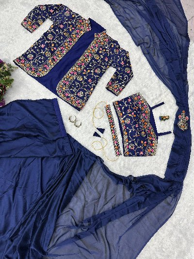 Navy Blue Indo Western Ready To Wear Saree Blouse & Koti UK Next Day - BONYHUBSAREE