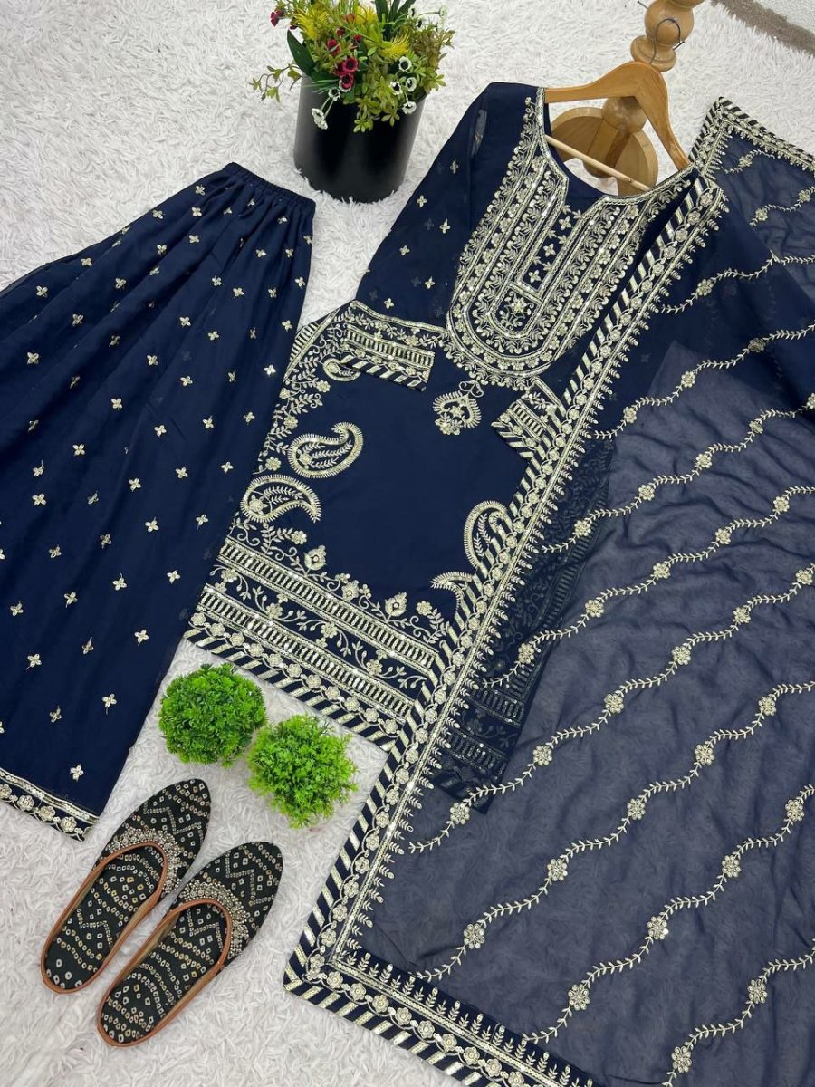 Navy Blue Intricate Embroidery Sequins Work Sharara Palazzo Suit Set - BONYHUBSALWAR KAMEEZ