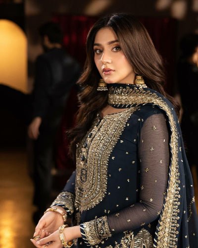 Navy Blue Intricate Embroidery Sequins Work Sharara Palazzo Suit Set - BONYHUBSALWAR KAMEEZ