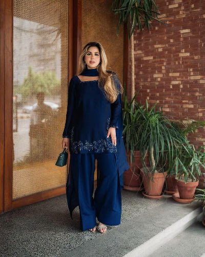 Navy Blue Sequins Work Farshi Suit Set - BONYHUBSALWAR KAMEEZ