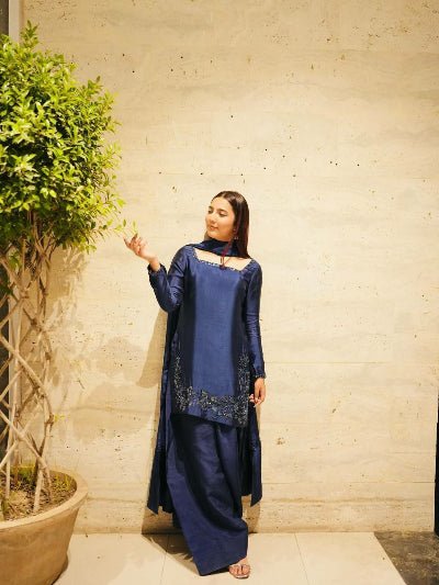 Navy Blue Sequins Work Farshi Suit Set - BONYHUBSALWAR KAMEEZ