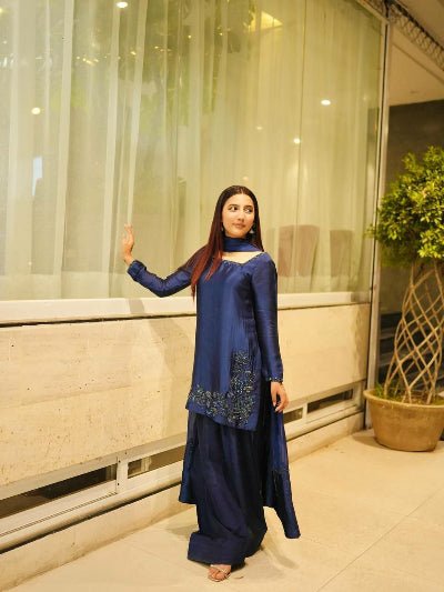 Navy Blue Sequins Work Farshi Suit Set - BONYHUBSALWAR KAMEEZ