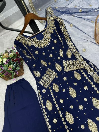 Navy Blue Sequins Work Wedding Wear Straight Suit Set - BONYHUBSALWAR KAMEEZ