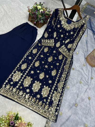Navy Blue Sequins Work Wedding Wear Straight Suit Set - BONYHUBSALWAR KAMEEZ