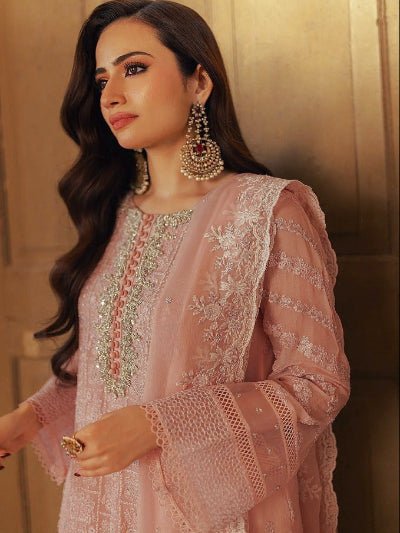Noor Elegance Peach Georgette Embroidered Salwar Suit UK Next Day - BONYHUBSALWAR KAMEEZ