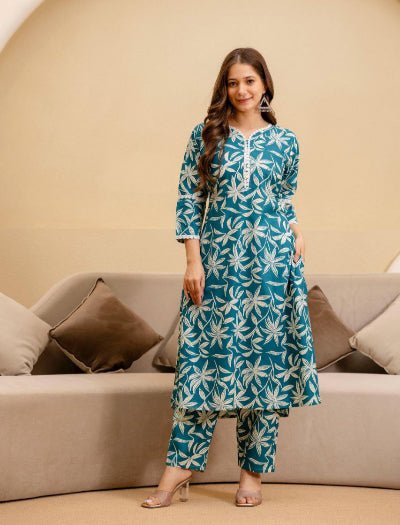 Ocean Blue Jaipuri Printed Cotton Kurti Pant Set Of 2 - BONYHUBSALWAR KAMEEZ