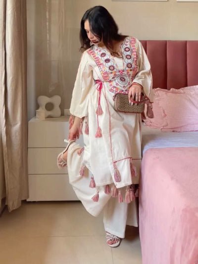 Off White Boho Embroidery Mirror Work Kurti Palazzo Set of 2 - BONYHUBSALWAR KAMEEZ