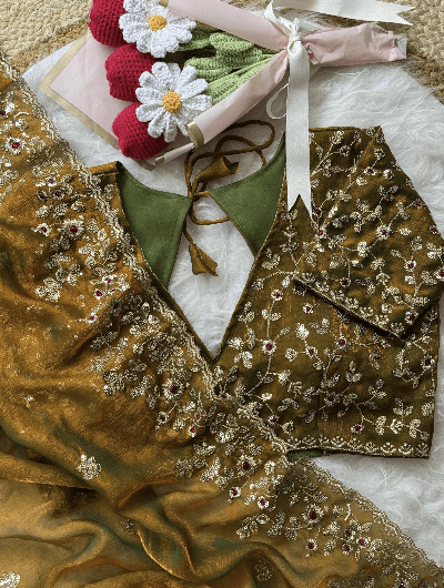 Olive Green Designer Sari Free Stitched Blouse Readytowear - BONYHUBSAREE