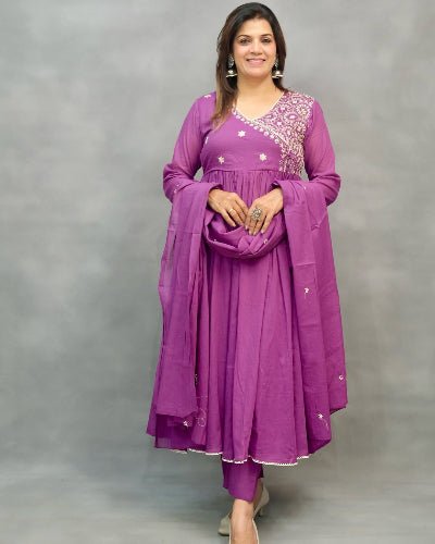 Onion Purple Beauty Cotton Angrakha Anakali Suit Set UK Next Day - BONYHUBSALWAR KAMEEZ