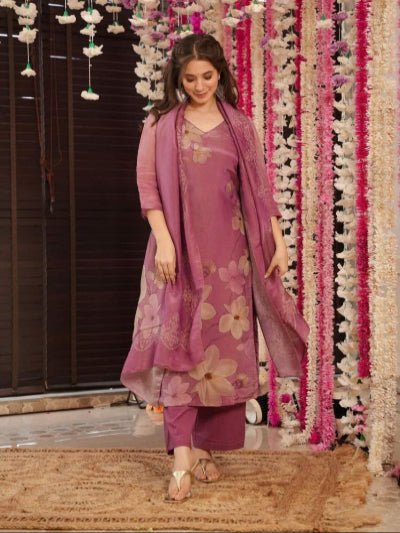 Onion Purple Silk Floral Salwar Suit Set - BONYHUBSALWAR KAMEEZ