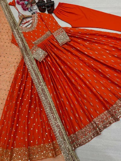 Orange Designer Chinon Silk Embroidered Anarkali Suit - BONYHUBSALWAR KAMEEZ