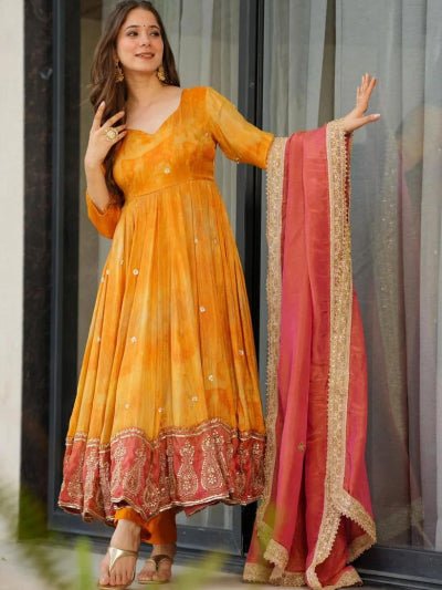 Orange Digital Printed Chinon Anarkali Suit Set - BONYHUBSALWAR KAMEEZ