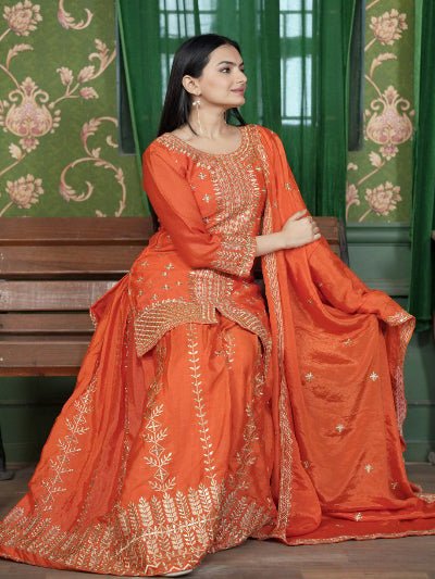 Orange Sequence Embroidery Work Palazzo Sharara Set - BONYHUBSALWAR KAMEEZ