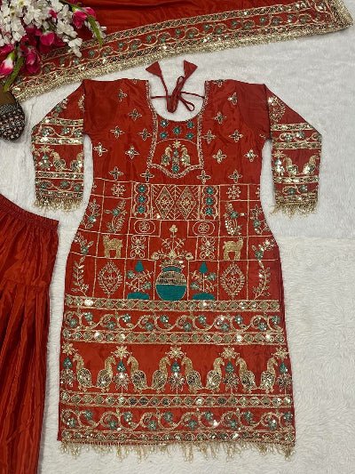 Orange Sequins Embroidered Work Punjabi Suit Set - BONYHUBSALWAR KAMEEZ