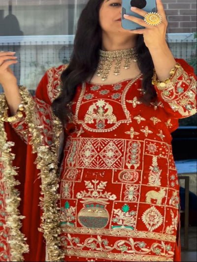 Orange Sequins Embroidered Work Punjabi Suit Set - BONYHUBSALWAR KAMEEZ