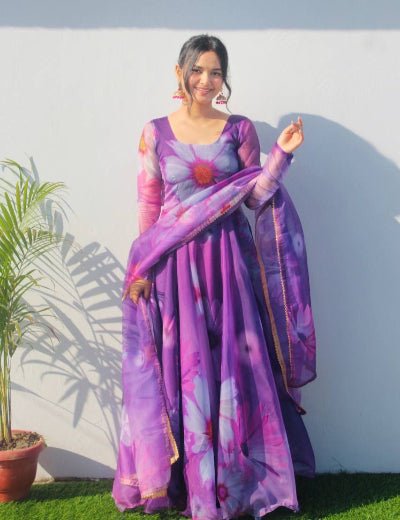 Orchid Purple Floral Organza Anarkali Gown Dupatta Set Of 2 - BONYHUBSALWAR KAMEEZ