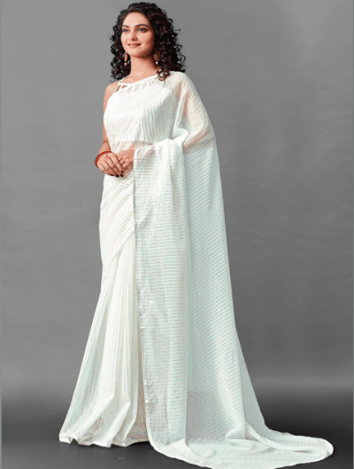 Partywear White Georgette Sequins Saree UK Next Day - BONYHUBSAREE
