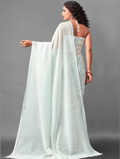 Partywear White Georgette Sequins Saree UK Next Day - BONYHUBSAREE
