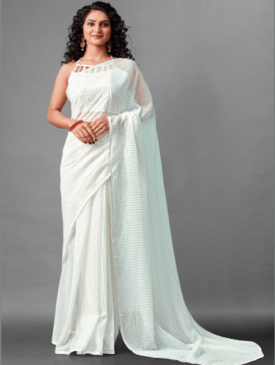 Partywear White Georgette Sequins Saree UK Next Day - BONYHUBSAREE