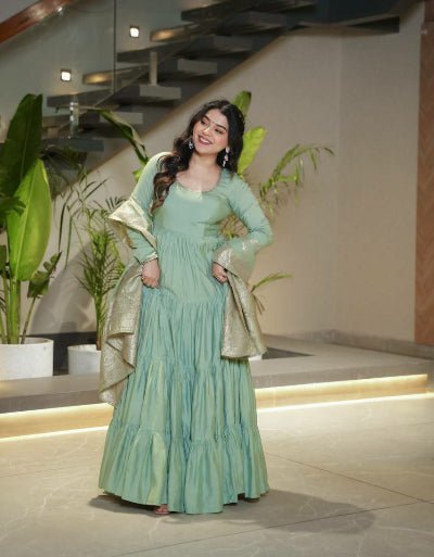 Pastel Green Flair Anarkali Suit With Jacquard Banarasi Dupatta - BONYHUBSALWAR KAMEEZ