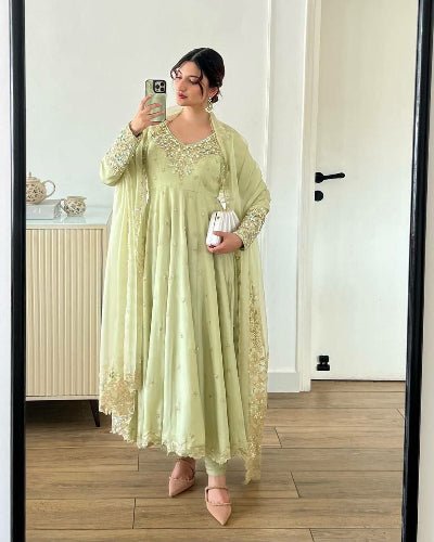 Pastel Lime Yellow Georgette Anarkali Suit Set - BONYHUBSALWAR KAMEEZ