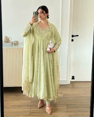 Pastel Lime Yellow Georgette Anarkali Suit Set - BONYHUBSALWAR KAMEEZ