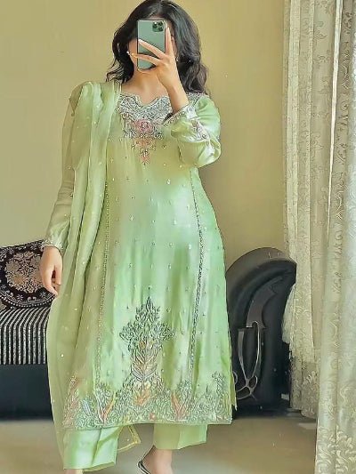 Pastel Mint Green Georgette Sequins Work Salwar Suit Set - BONYHUBSALWAR KAMEEZ