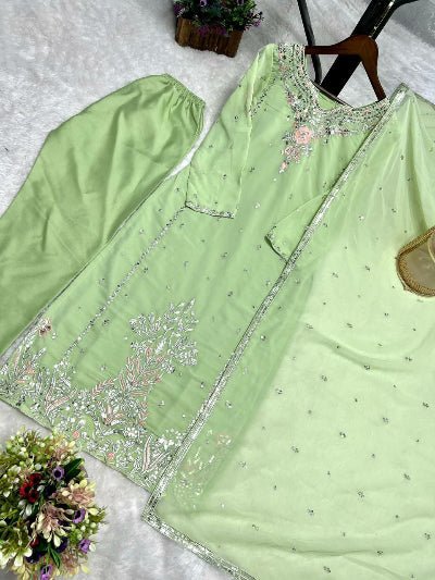 Pastel Mint Green Georgette Sequins Work Salwar Suit Set - BONYHUBSALWAR KAMEEZ