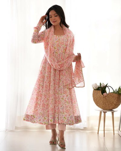 Pastel Pink Chiffon Floral Anarkali Suit Set - BONYHUBSALWAR KAMEEZ
